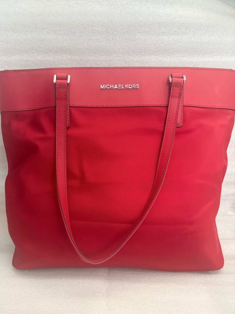 Michael Kors Red Nylon Saffiano Leather Large Zip Top Lightweight Tote